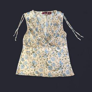 Jordache Vintage y2k 2000s Butter Yellow Beige Blue Green Floral Print Babydoll